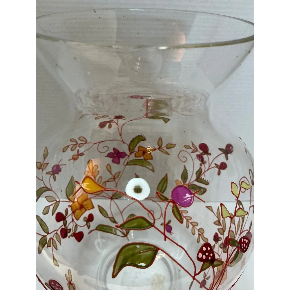 Hand Painted Glass Vase Floral Berry Vine Clear 9.5 Inch Cottagecore